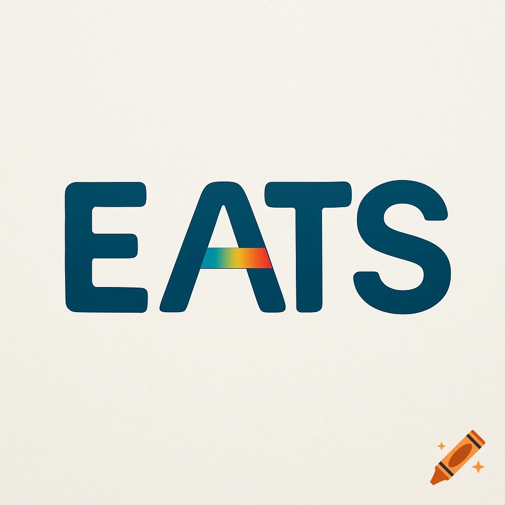 Dark blue 'EATS' logo with a rainbow gradient bar in the 'A' on a light background.