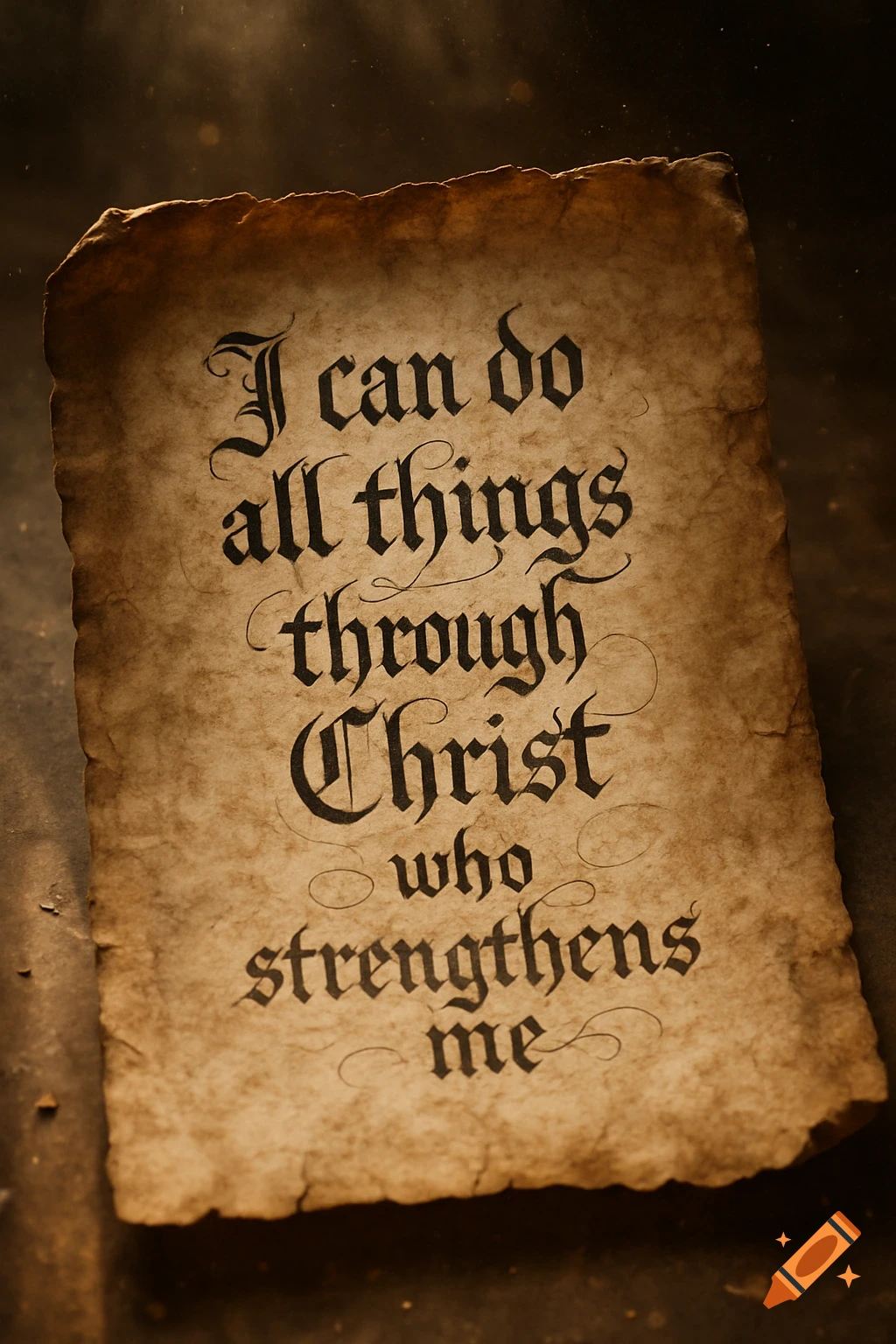 Calligraphic text reading 'I can do all things through Christ who strengthens me' on a distressed parchment.