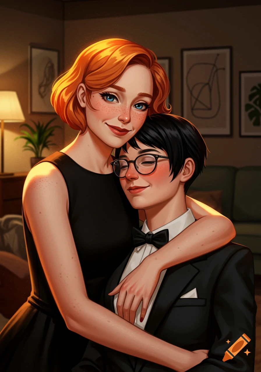 Digital illustration of a smiling redhead woman embracing her girlfriend in a tuxedo in a cozy room.