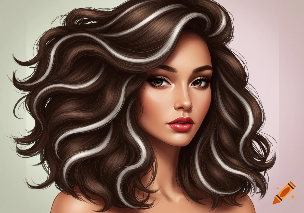 Stylized portrait of a woman with wavy brunette hair and prominent white highlights.