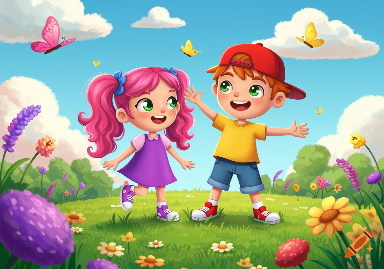 Cartoon illustration of a smiling boy and girl playing in a sunny meadow with colorful flowers and butterflies.