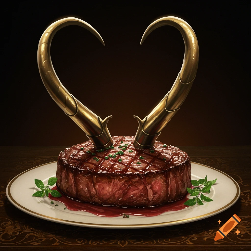 A cooked steak with grill marks and herbs, pierced by golden, curved horns resembling Loki's, forming a heart shape on a white plate.