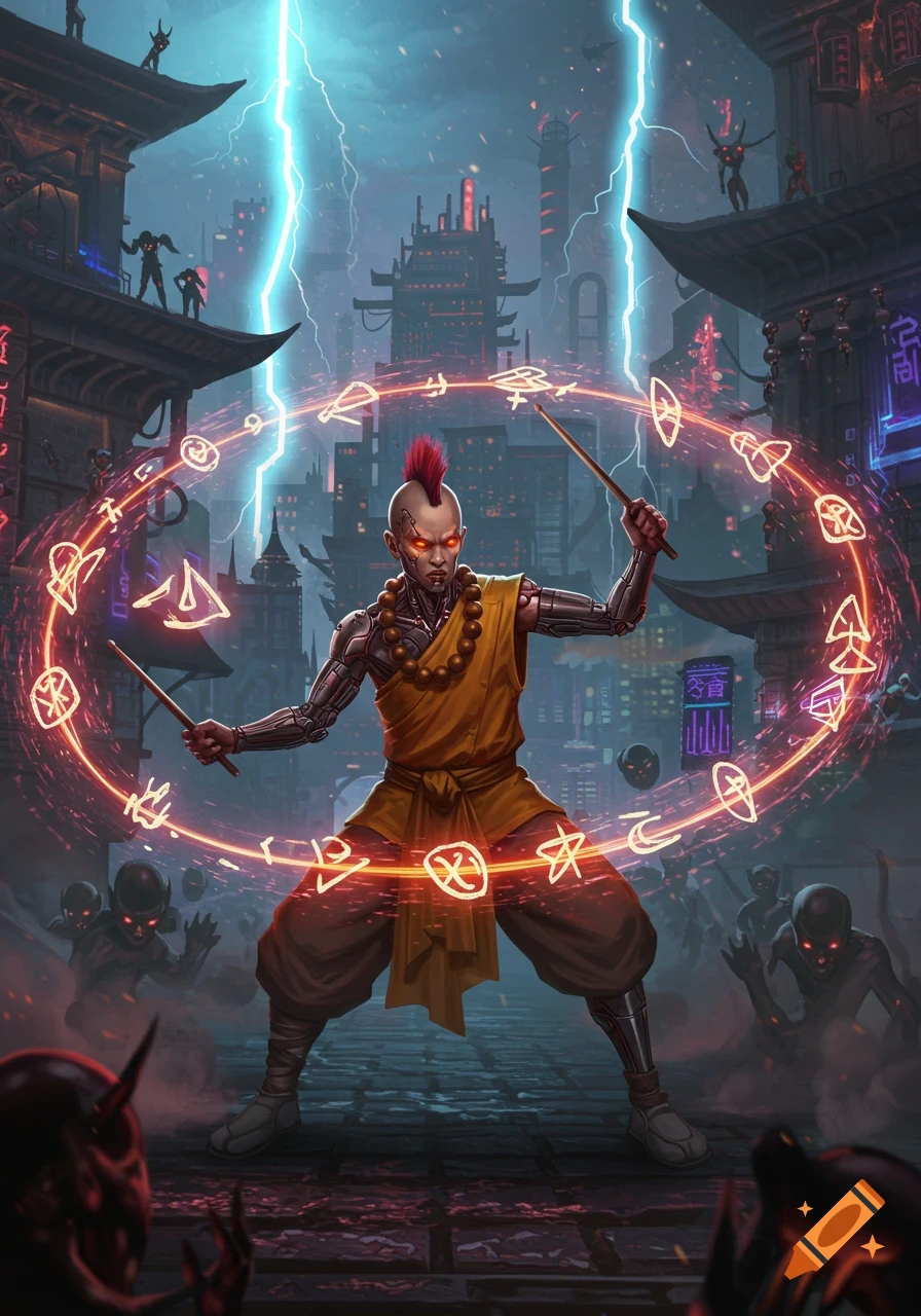 A cyber-monk with a red mohawk and glowing eyes conjures magic in a rainy cyberpunk city, with dark figures lurking.