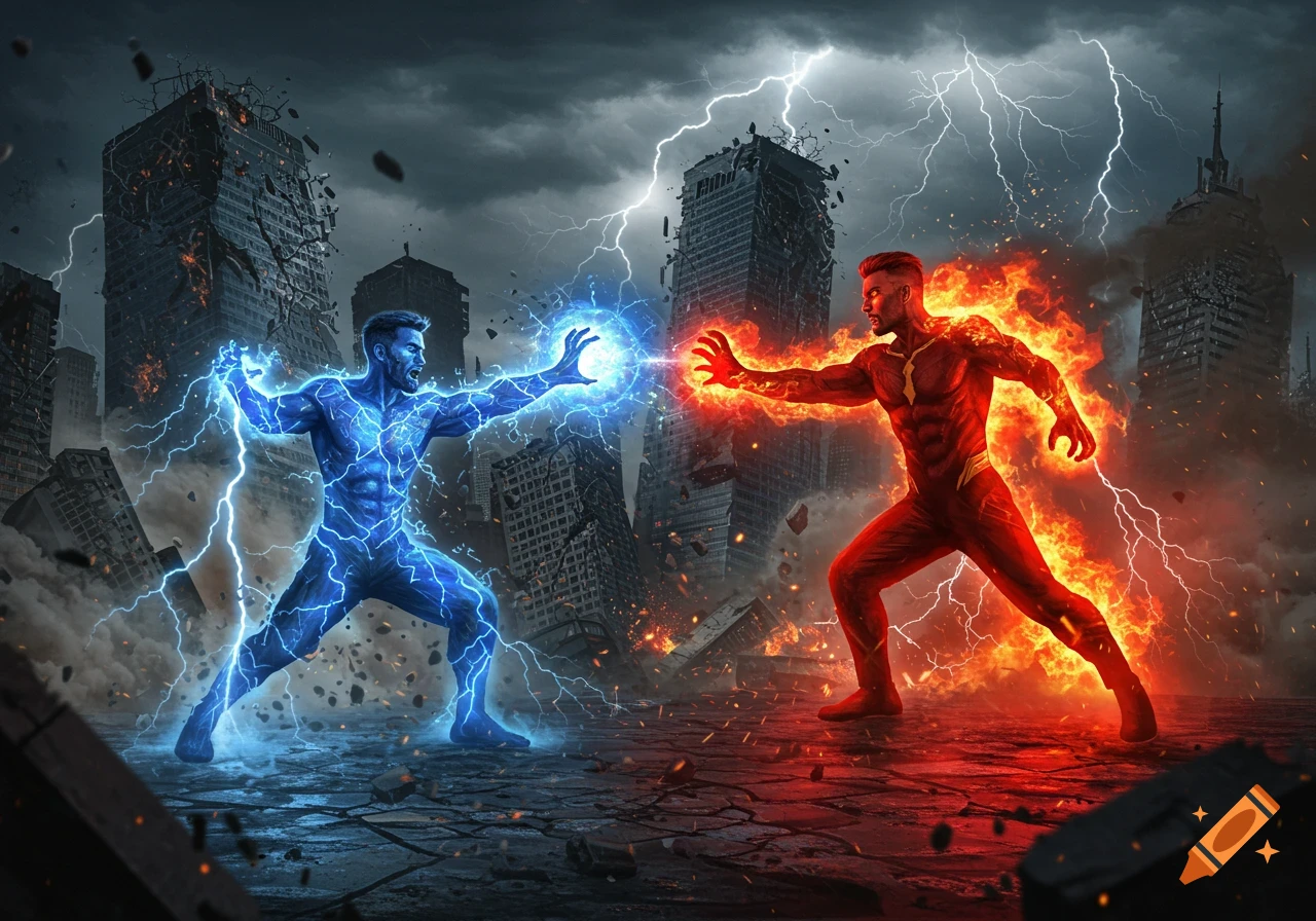 Two superheroes, one wielding blue lightning and the other red fire, battle in a crumbling city under a stormy sky.