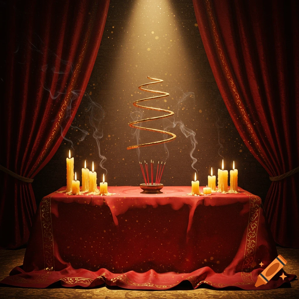 Mystical red and gold altar with lit candles, burning incense, and a floating golden spiral under a spotlight.
