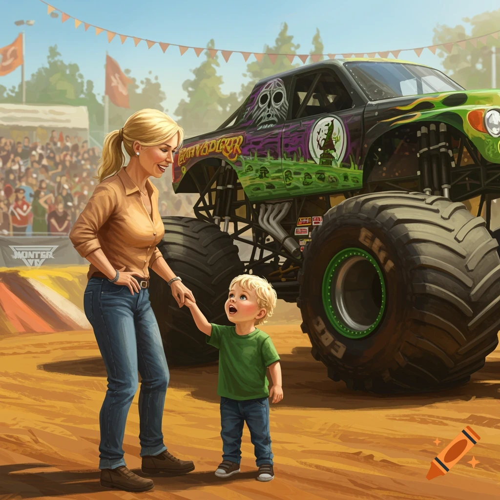 A blond mother and her excited blond son stand next to the large green and purple "Gravedigger" monster truck at an event. Stylized illustration.