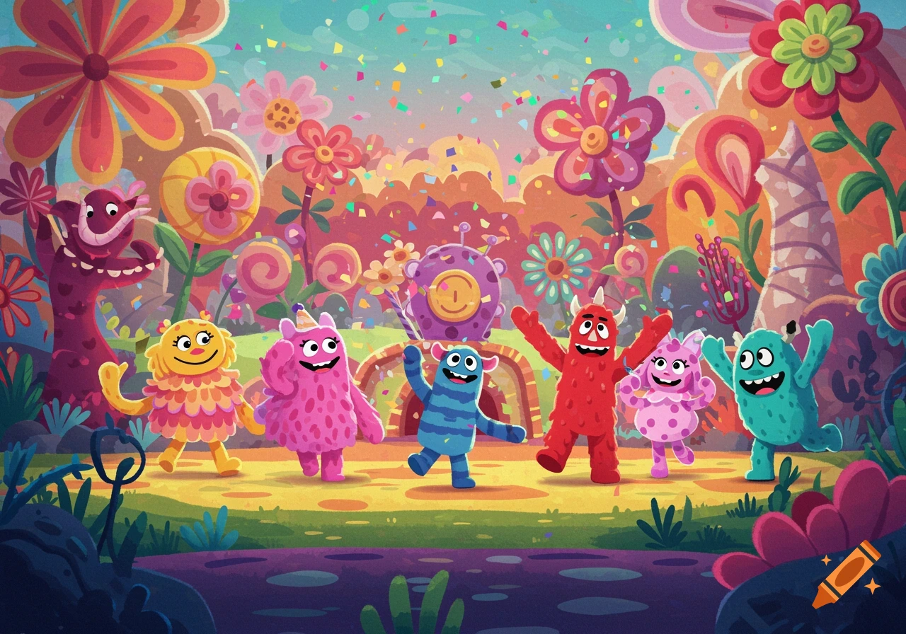 Colorful cartoon monsters dance in a whimsical, confetti-filled garden with giant flowers.