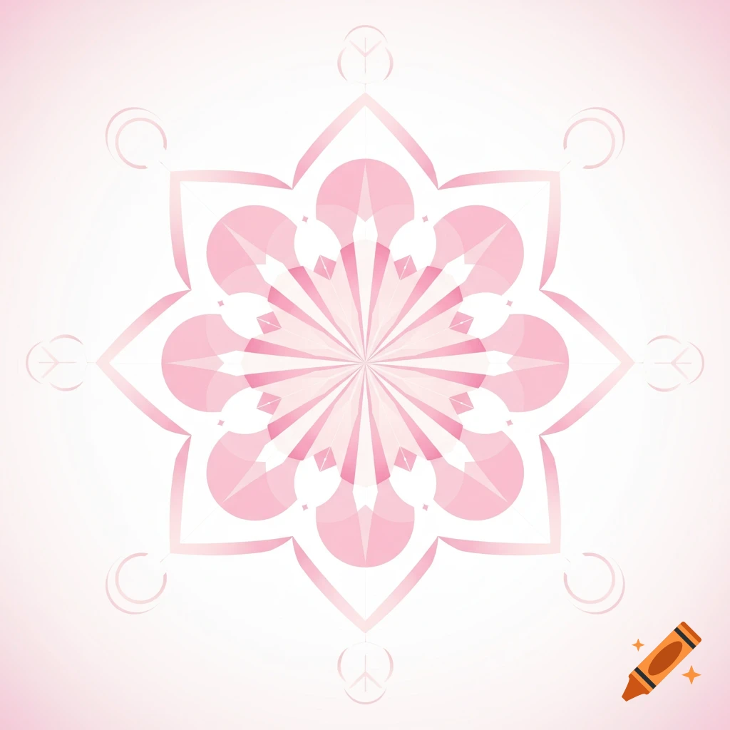 Digital vector art of a symmetrical, geometric circular mandala in soft pink and white, with sharp shapes and concentric circles.