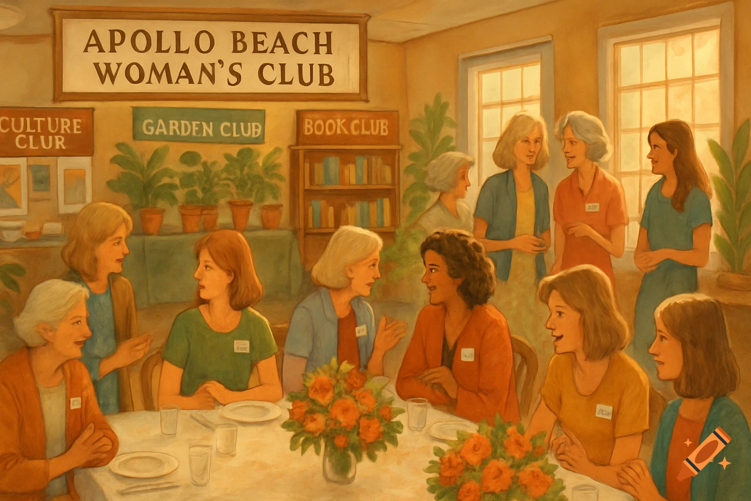 A group of women in a painting gather at a club meeting, some seated at a table with flowers, others standing and conversing.