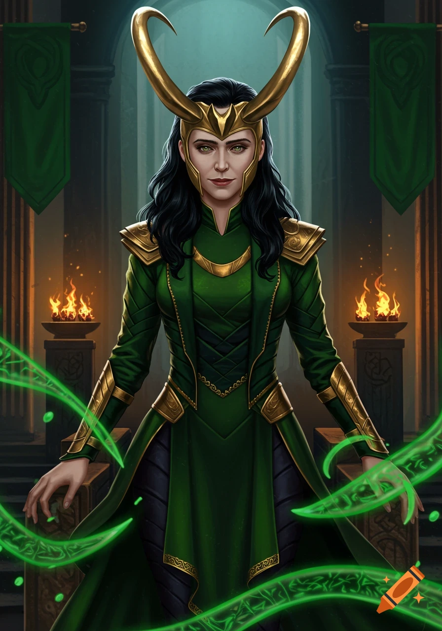 A powerful female Loki in green and gold armor with horned helmet, conjuring green magic in a dark, ornate hall.