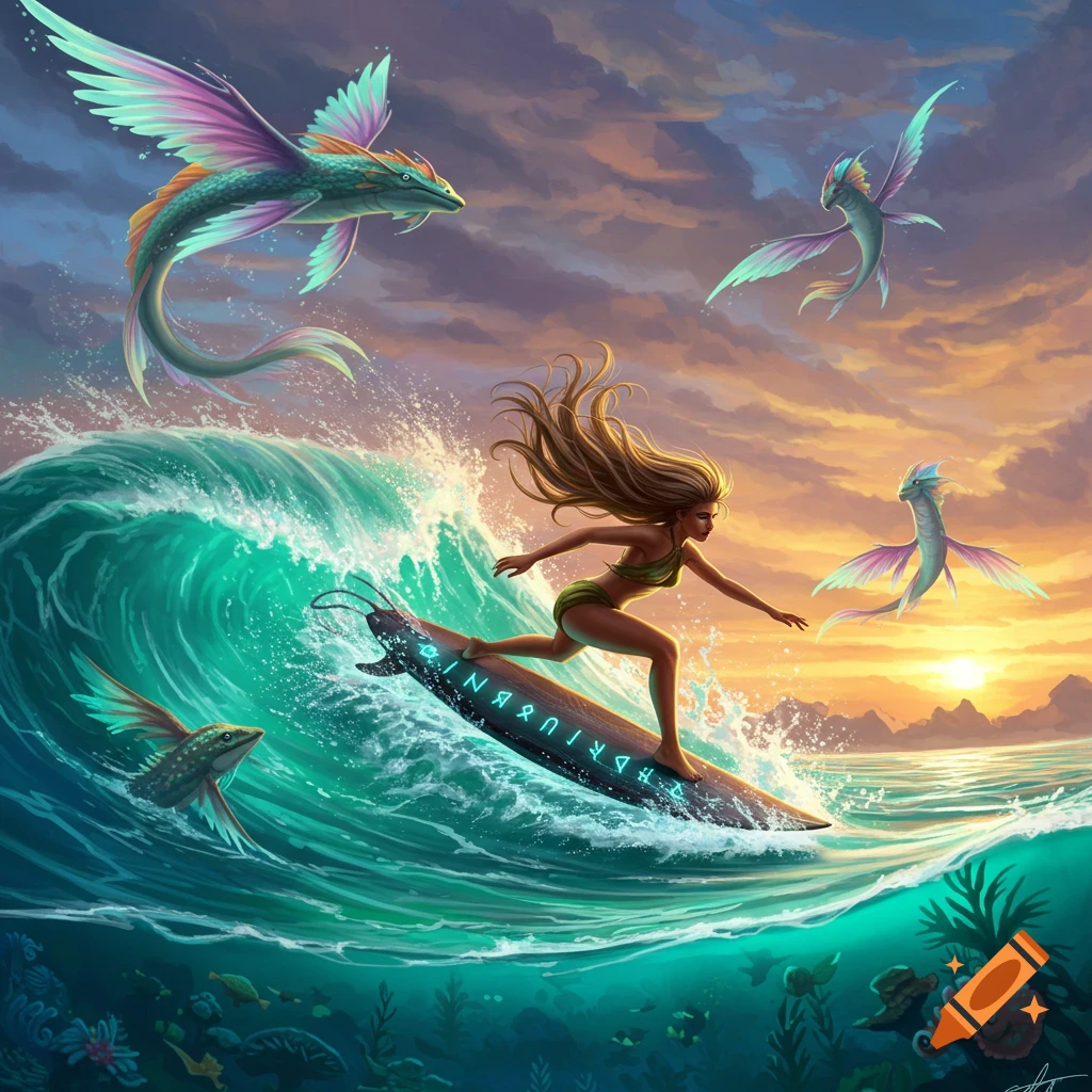 A woman with long hair surfs a large wave on a surfboard with runes, surrounded by colorful winged fantasy fish creatures at sunset.