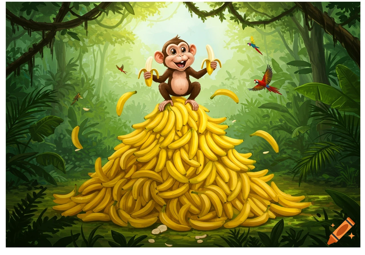A cheerful cartoon monkey sits atop a huge pile of bananas in a lush jungle with flying parrots.
