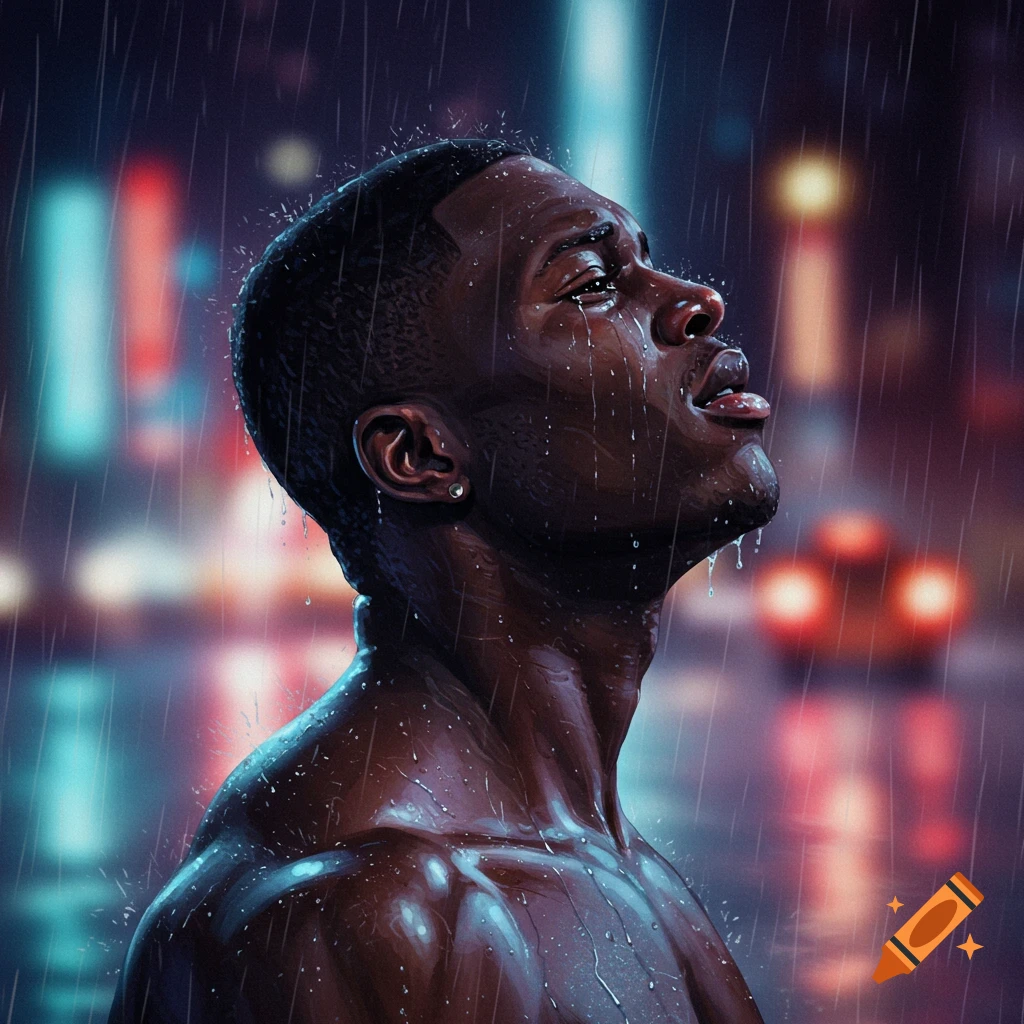 Digital art of a topless man looking up, crying in the rain against a blurry city night.