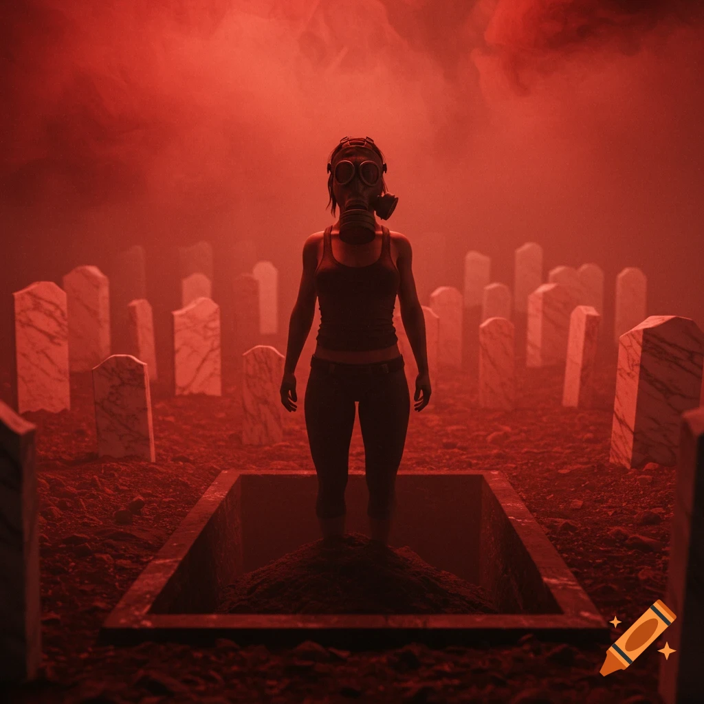 A woman in a gas mask stands in an open grave in a cemetery, shrouded in ominous red mist.