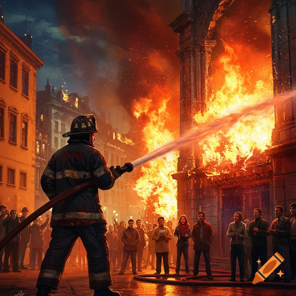 A dramatic scene of a firefighter battling a massive building fire with a hose, as a crowd of onlookers watches in a fiery city street at dusk, rendered in a painterly style.