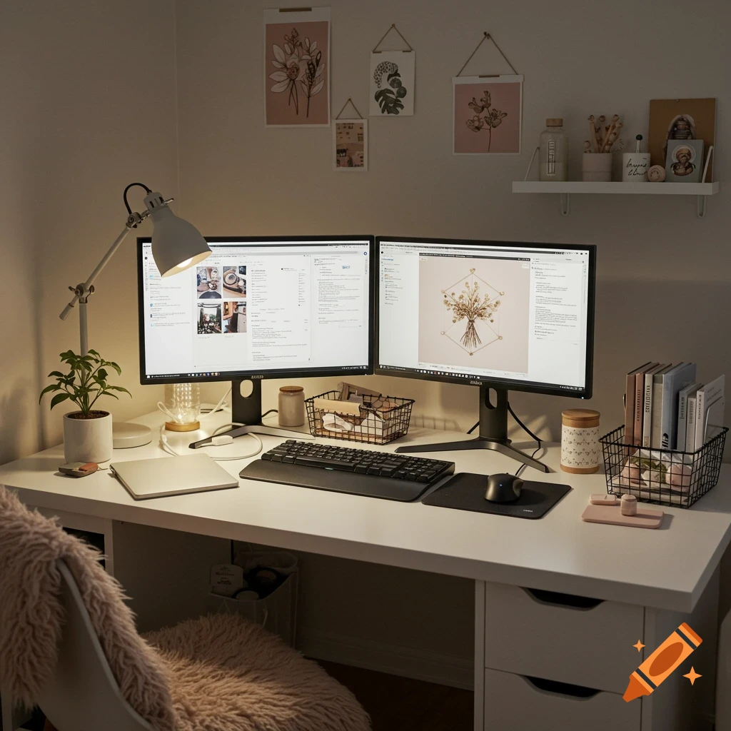 A cozy home office desk with two monitors displaying web content, a black keyboard, mouse, plants, books, and decorative items. A fluffy pink chair sits in front.