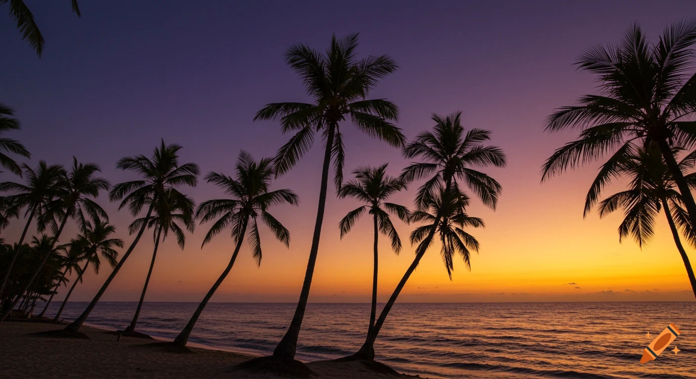 Photorealistic image of silhouetted palm trees lining a sandy beach at sunset, with a vibrant purple and orange sky over the ocean.