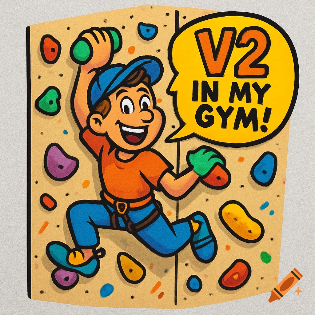 Happy cartoon boy rock climbing on an indoor wall, with a speech bubble saying 'V2 in my gym!'. Colorful illustration.