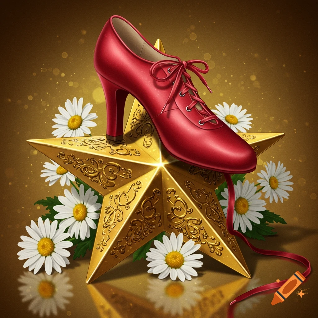 Red high-heeled dance shoe on an ornate golden star, surrounded by white daisies, on a glittering gold background.