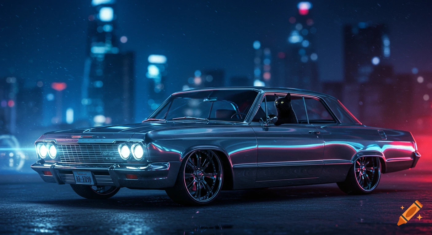 A black cat sits in a shiny chrome Chevy Impala with custom rims, parked under neon city lights at night.