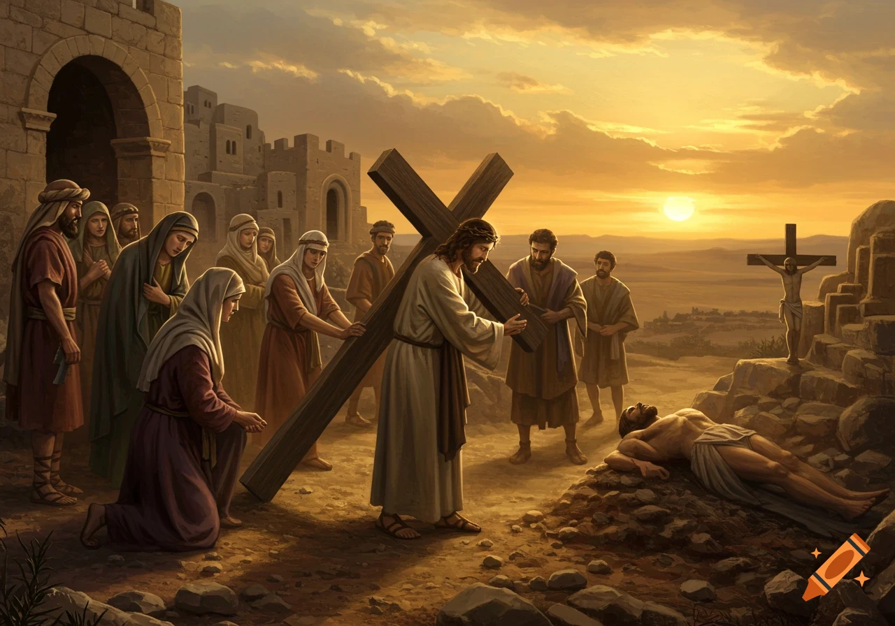 Jesus, wearing a crown of thorns and a white robe, carries a wooden cross through a dusty town street at sunset, surrounded by followers. A crucified figure is visible in the distance.