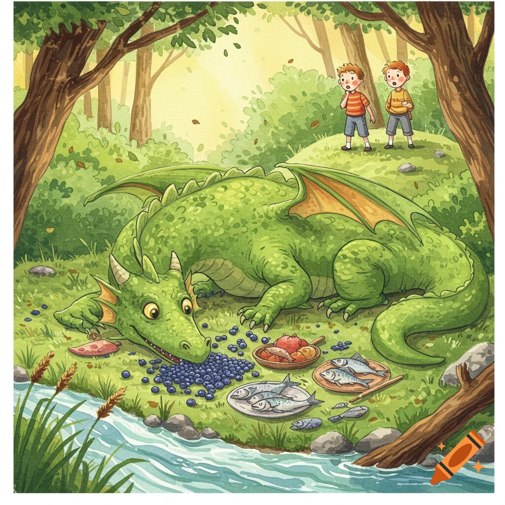 A watercolor illustration of a large green dragon eating blueberries and fish by a stream, watched by two astonished boys in a sunny forest.