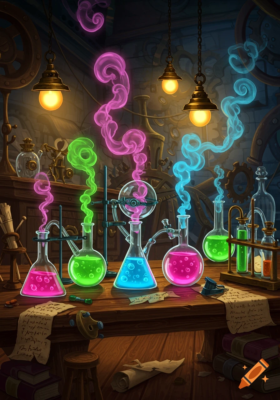 A whimsical, cartoonized chemistry lab with colorful liquids bubbling in beakers and flasks, emitting pink, green, and blue smoke. The lab features steampunk-like gears and glowing lights in the background.