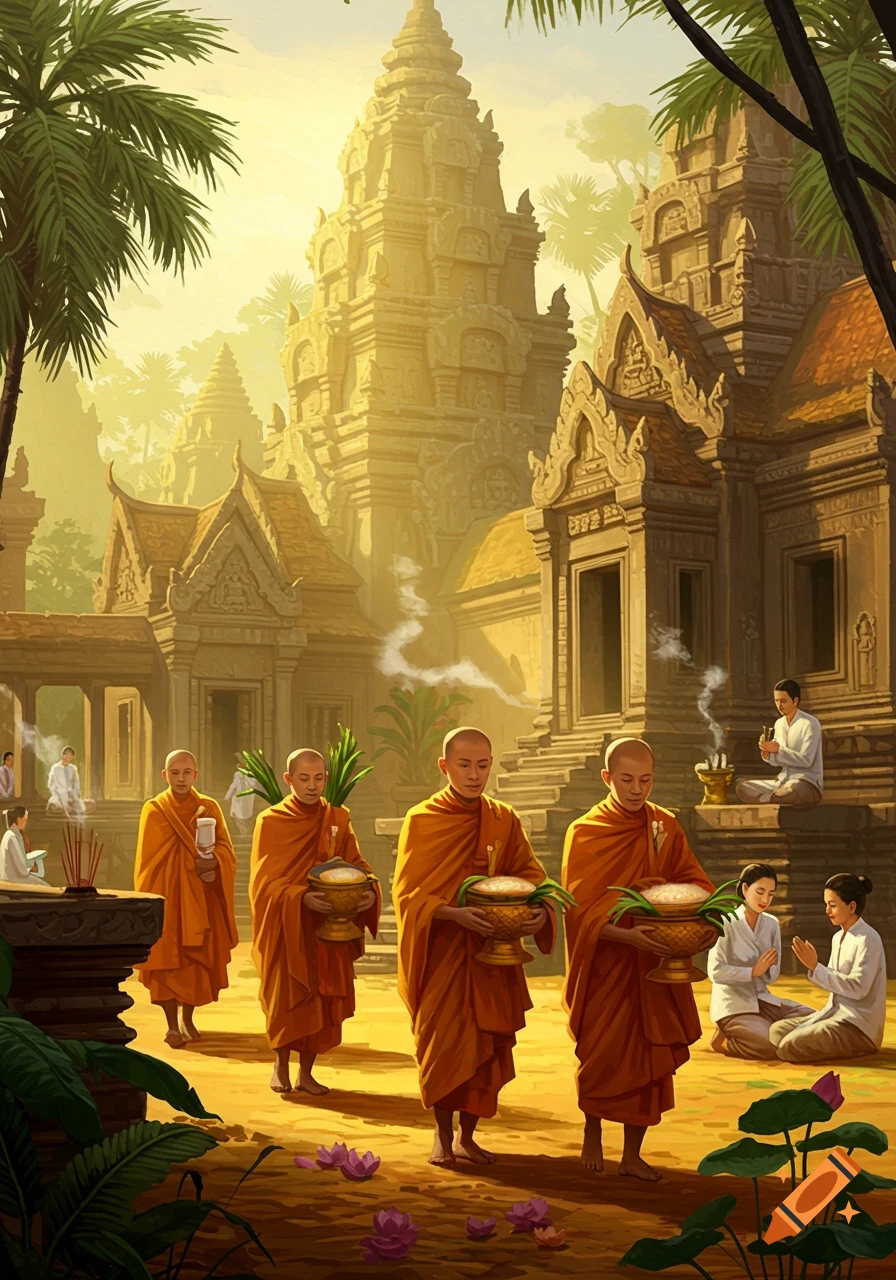 Buddhist monks walk in a sunlit procession through an ornate temple complex in Cambodia, while devotees pray.
