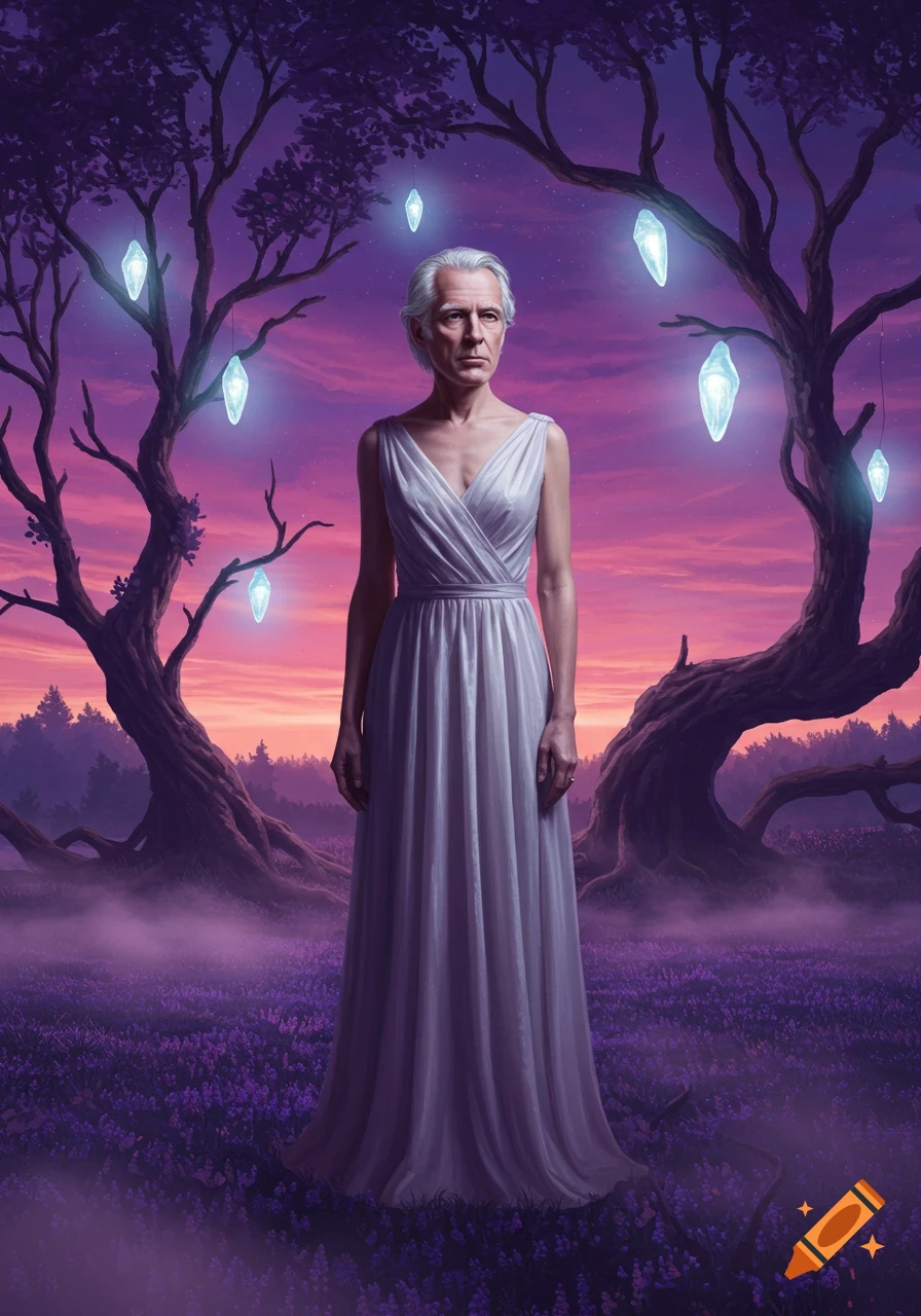 A grey-haired person in a white gown stands in a purple flower field with glowing crystals hanging from mystical trees at sunset.