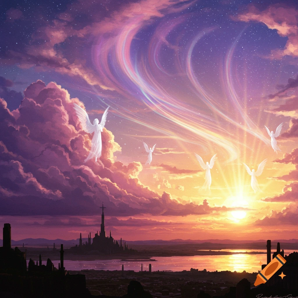 Ethereal angels descending from colorful, swirling clouds in a vivid sunset sky over a dark city skyline.