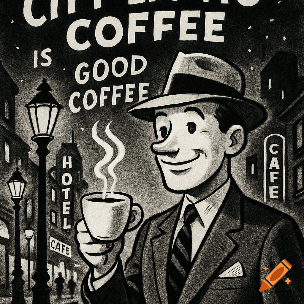 Black and white vintage cartoon of a man in a suit and hat holding a steaming coffee cup on a city street at night. Text reads 'COFFEE IS GOOD COFFEE'.
