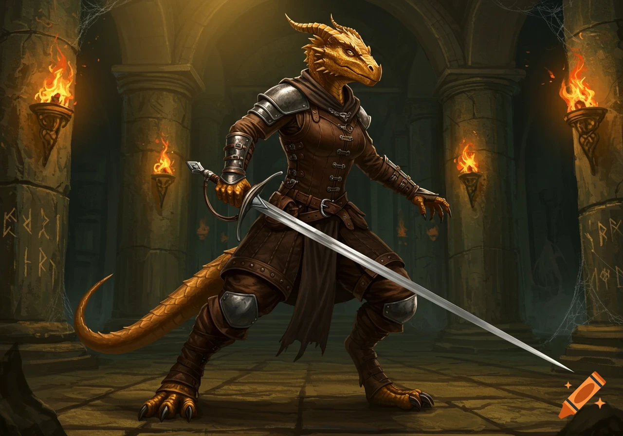 A bronze dragonborn rogue in leather armor holds a rapier, standing dramatically in a dimly lit stone dungeon with flaming torches and carved pillars.