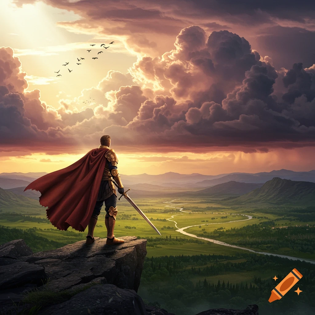 A knight in golden armor and a red cape stands on a cliff, overlooking a vast green valley with a winding river under a dramatic sunset sky with birds.