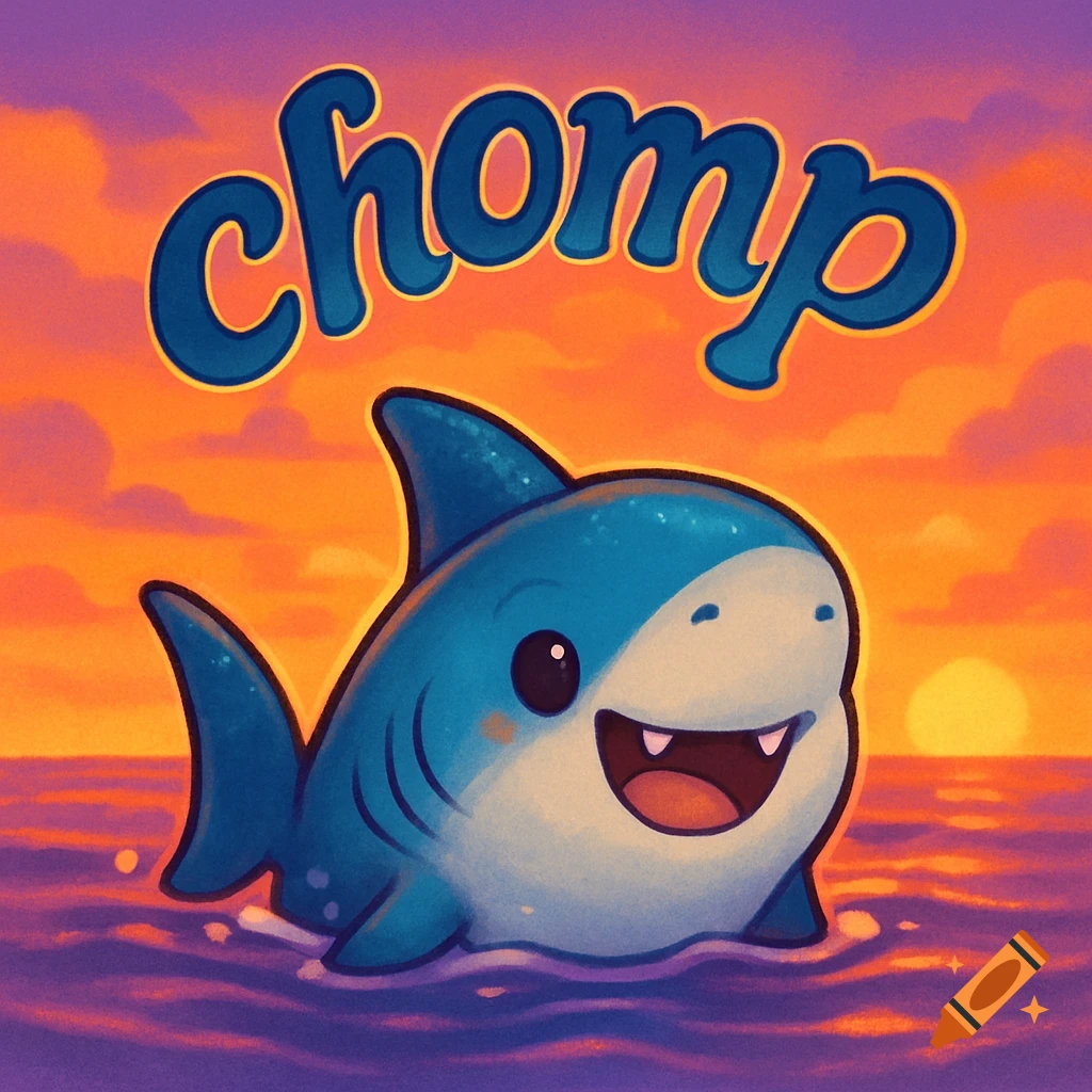 A cute, animated blue shark with a wide smile in the ocean at sunset, with the word "chomp" floating above.