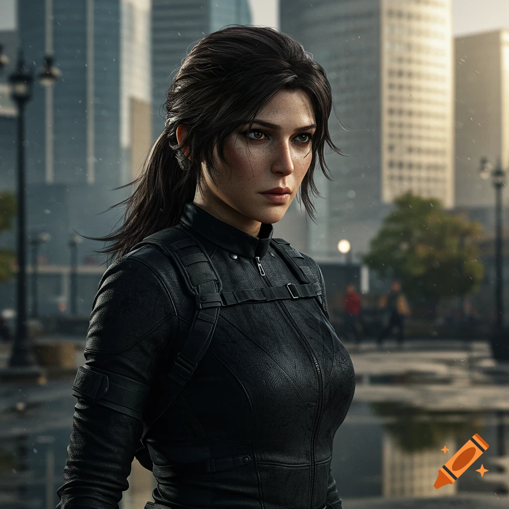 Photorealistic portrait of a serious woman with dark hair, wearing a black tactical suit, standing in a rainy city street.