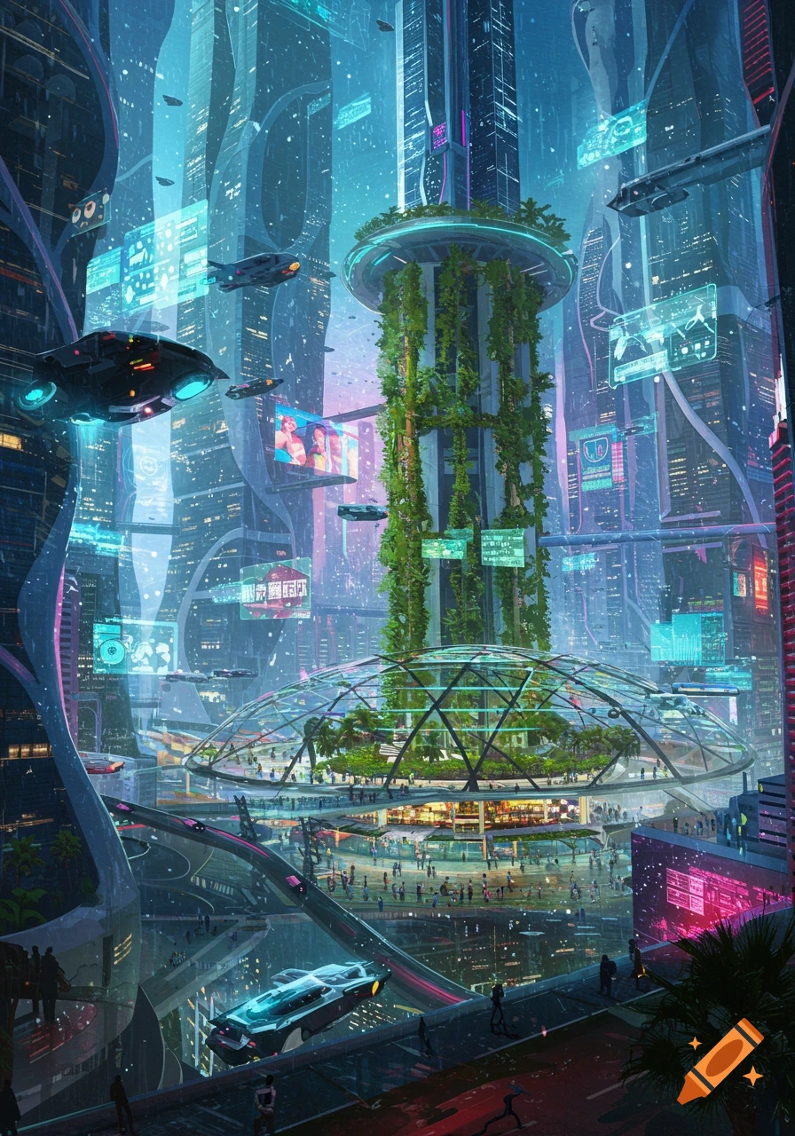A vibrant, detailed depiction of a futuristic city with towering skyscrapers, flying vehicles, vertical gardens, and glowing screens.