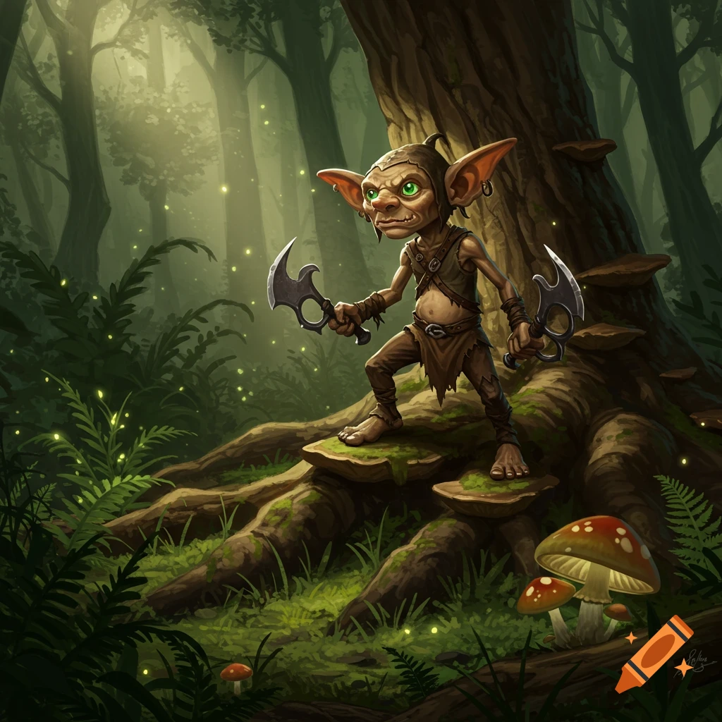 A small, green-eyed goblin-like creature with two curved knives stands on mossy tree roots and mushrooms in a dark, magical forest illustration.
