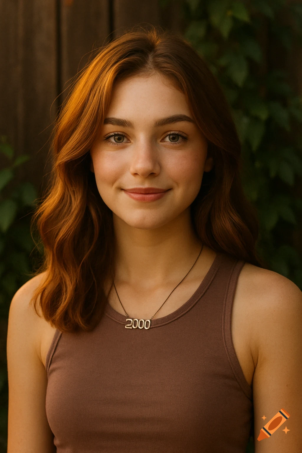 Photorealistic portrait of a young woman with auburn hair wearing a sleeveless top and a "2000" necklace, smiling softly outdoors.