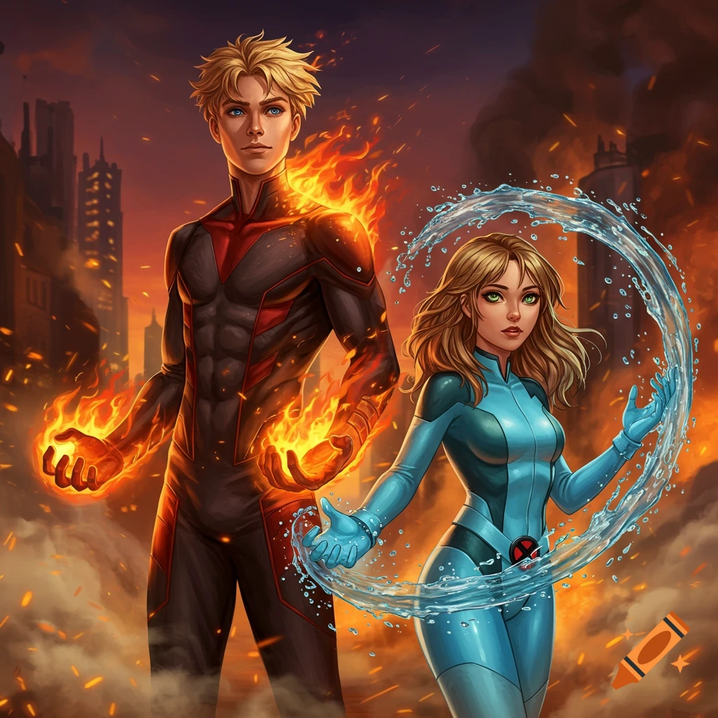 Blond boy with fire powers and girl with water powers in superhero suits stand in a burning city, comic art style.