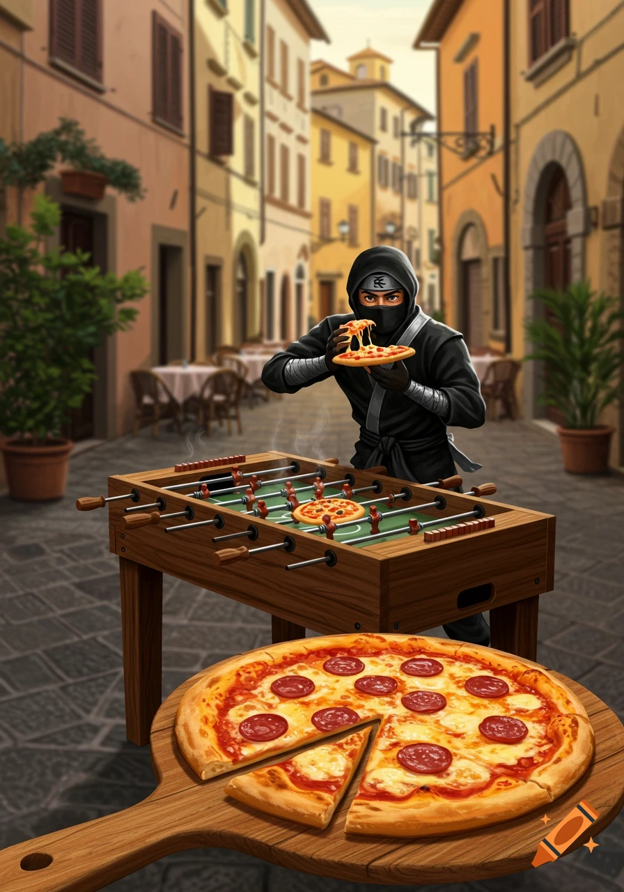 An illustration of a ninja in an Italian city street, eating a slice of pizza and playing foosball with another pizza on the table.
