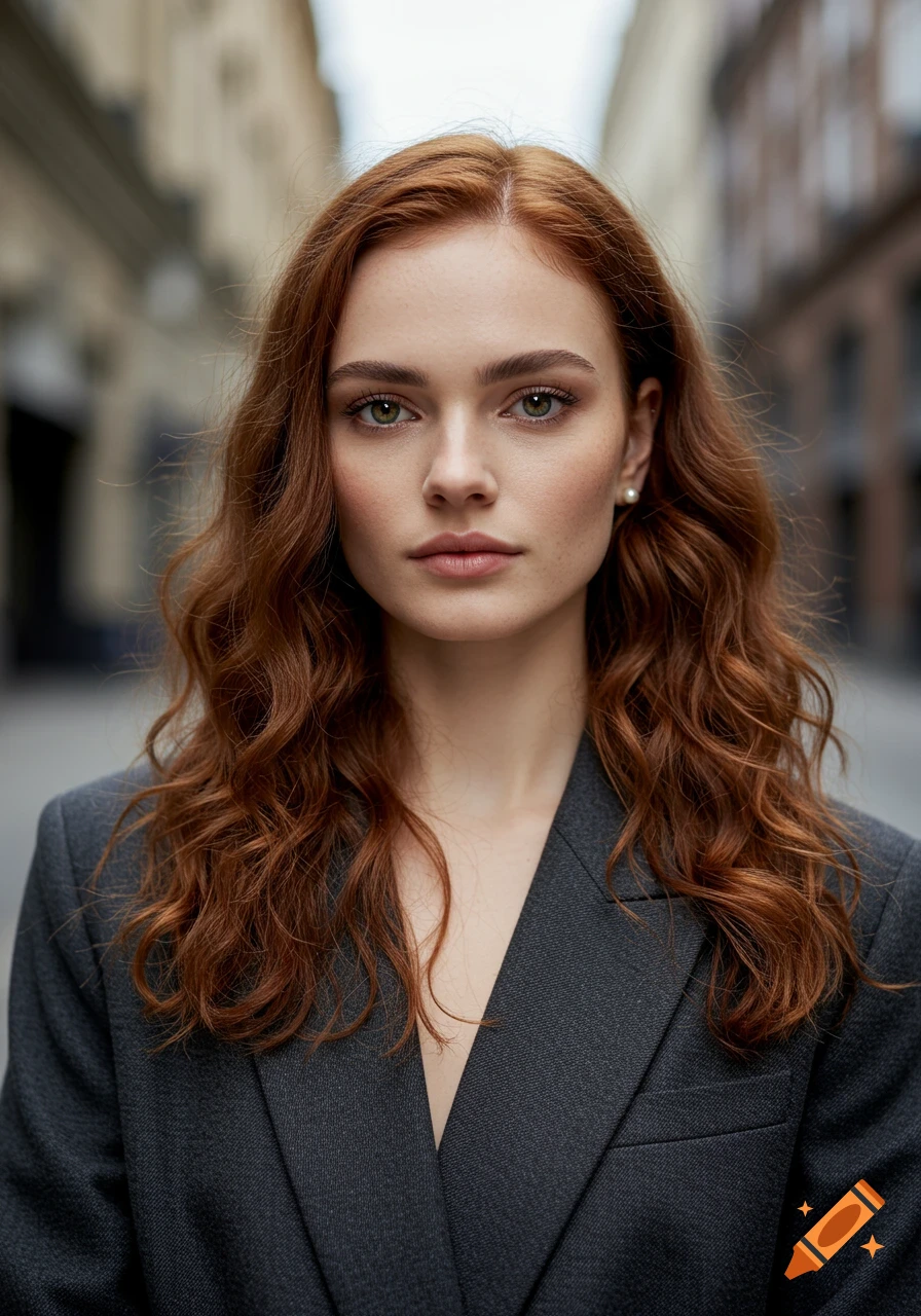 Close-up portrait of a woman with long red wavy hair, green eyes, and fair skin, wearing a grey blazer, in a city street.