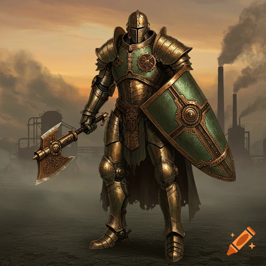 A robot knight in intricate steampunk armor with a green shield and a hand axe stands against an industrial landscape at sunset.