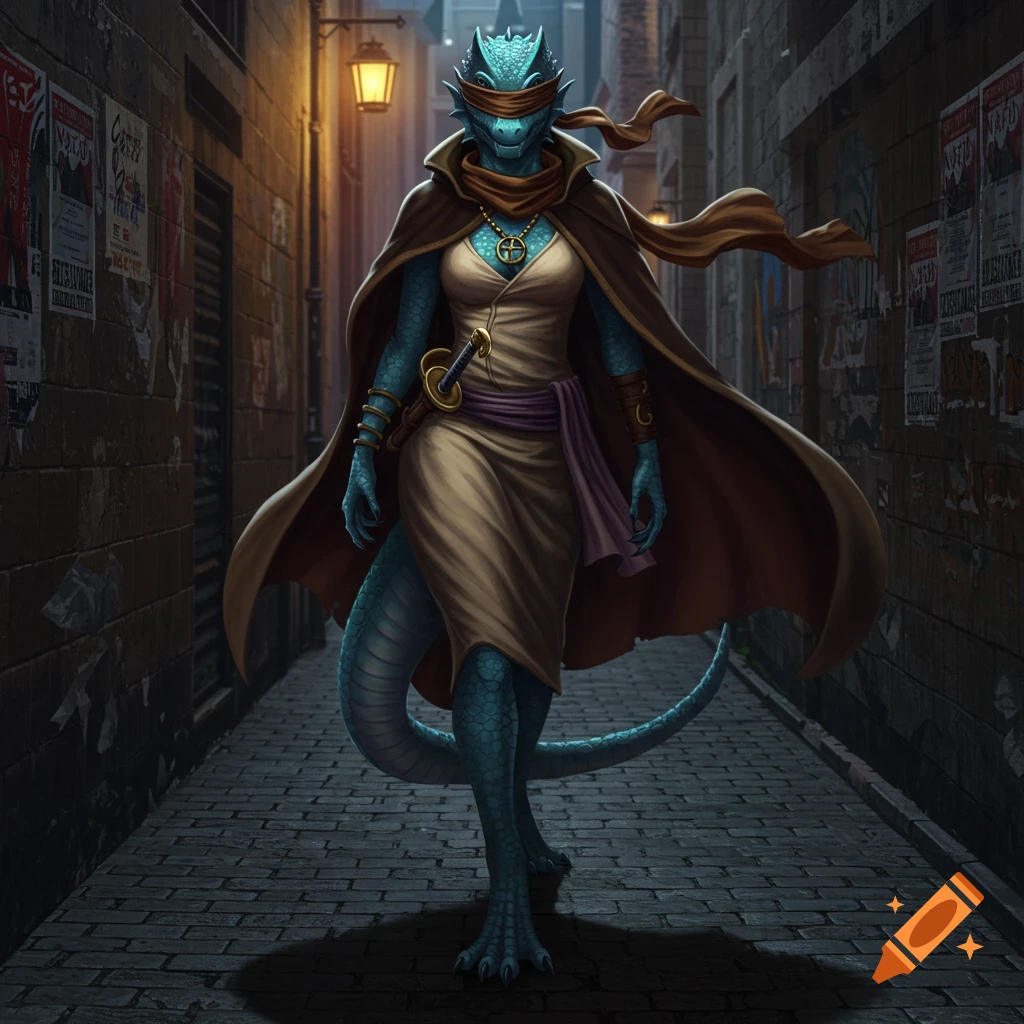 A blindfolded reptilian character in a brown cloak and beige dress walks down a dark, narrow alley under a street lamp.