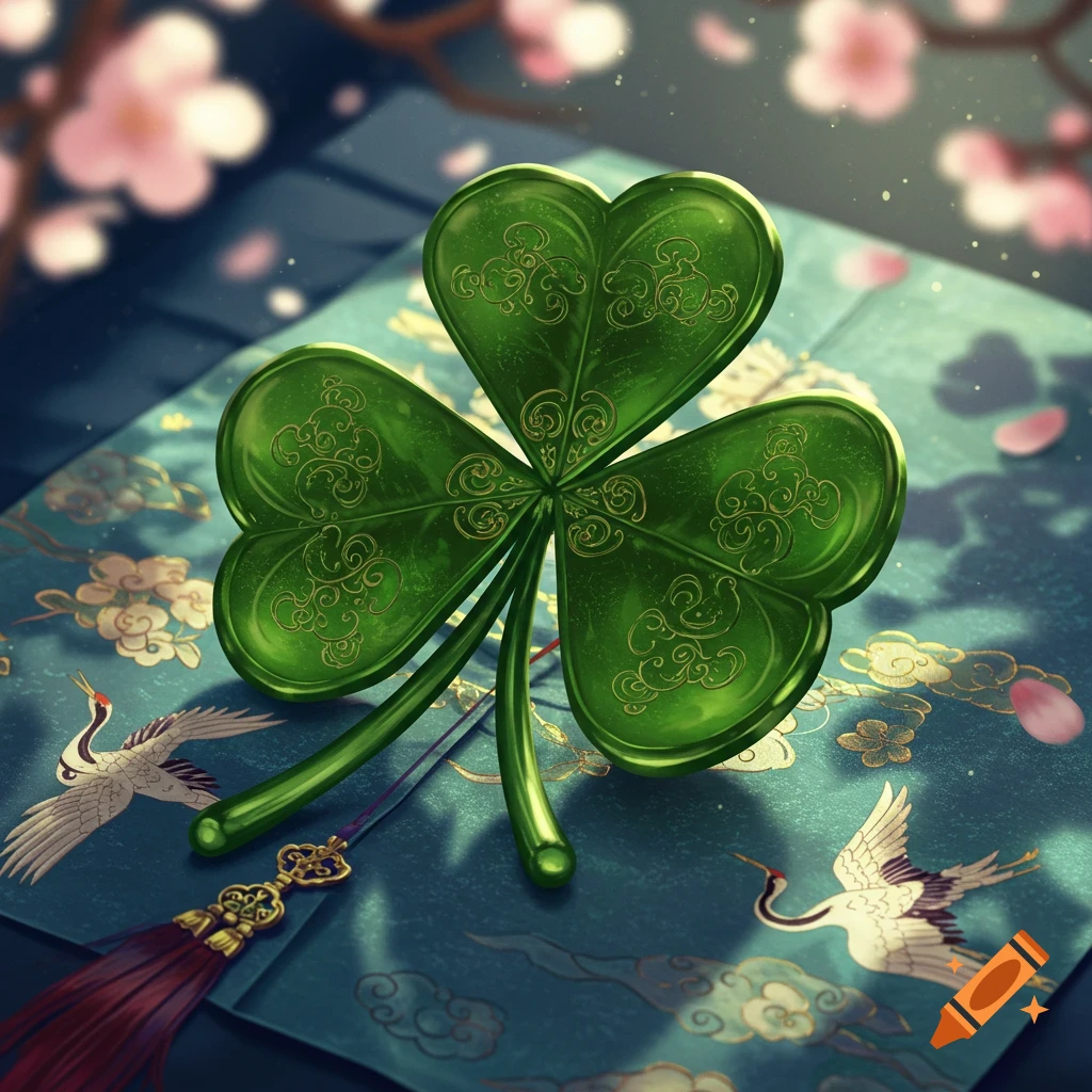 A glossy green four-leaf clover with golden traditional patterns rests on a teal fabric with cranes and cherry blossoms.