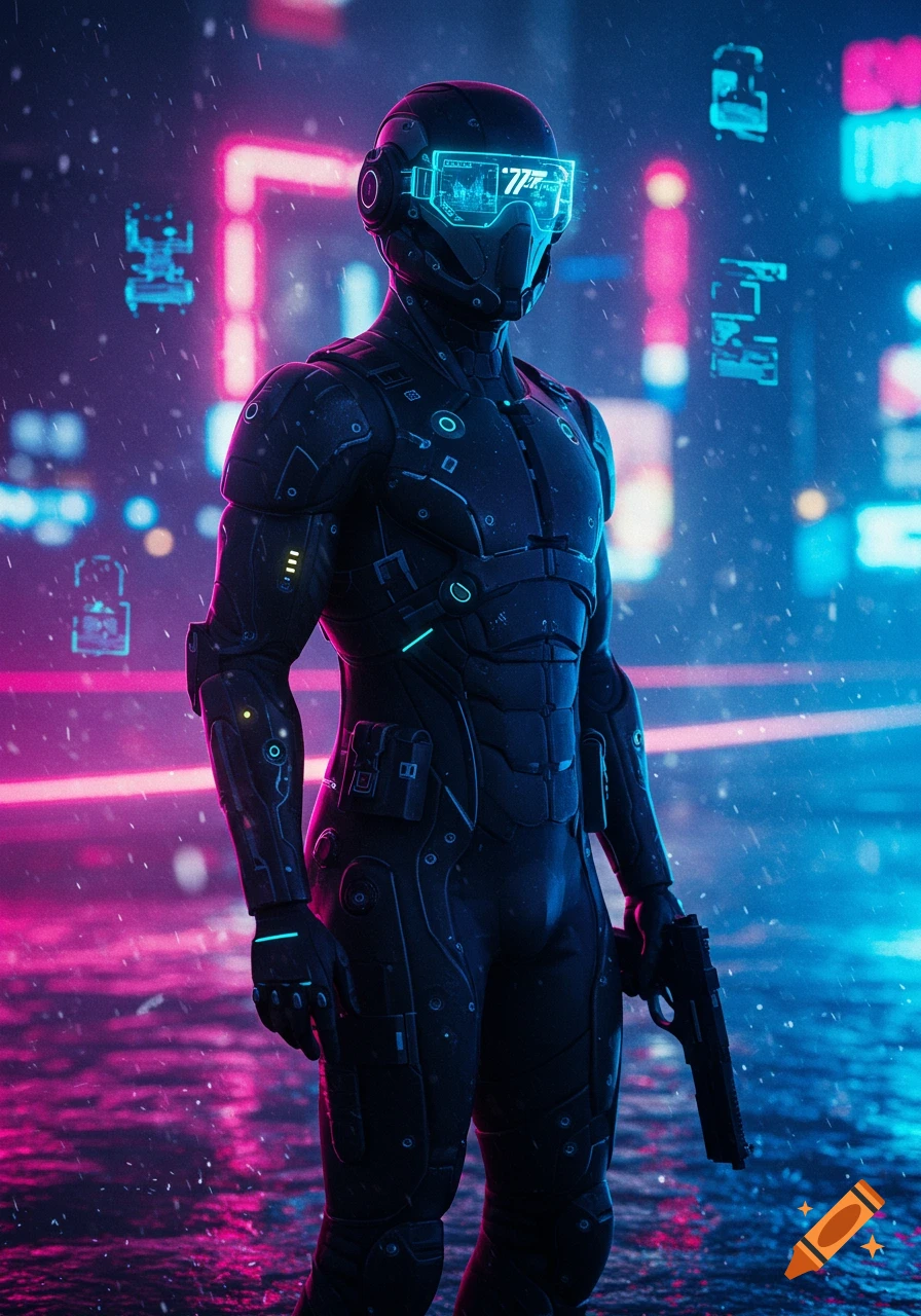 A cybernetically enhanced character in a black armored suit, holding a gun, stands in a rainy cyberpunk city with glowing neon lights.