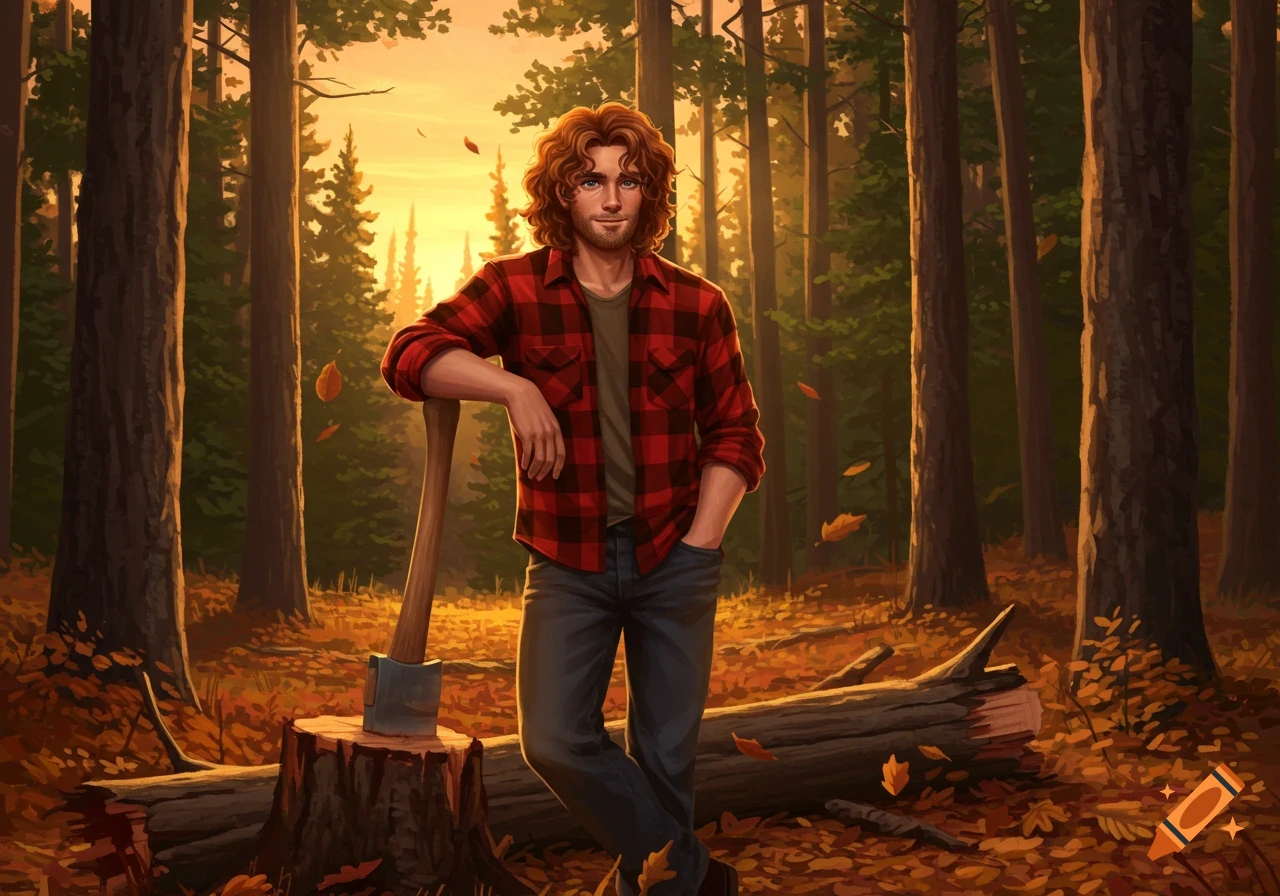 A youthful lumberjack with curly brown hair and beard leans on an axe in an autumn forest at sunset, digital art.