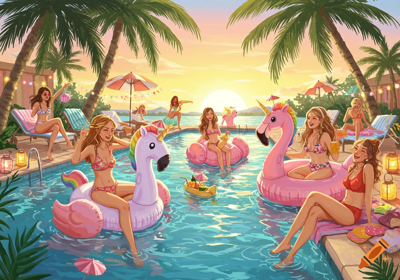 Illustrated scene of women enjoying a vibrant tropical pool party with unicorn inflatables at sunset.