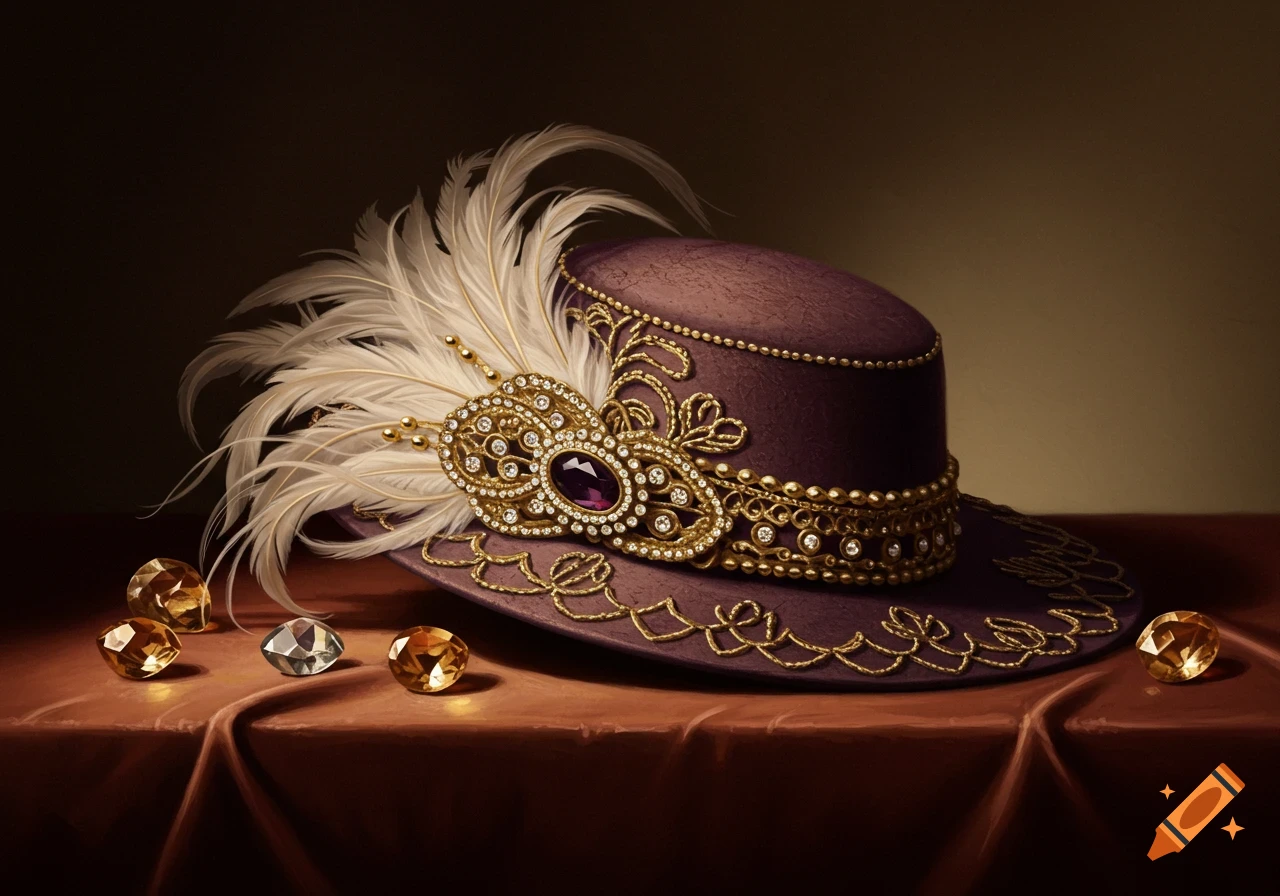 A still life painting of a luxurious purple hat adorned with gold, diamonds, and white feathers, next to loose gemstones.
