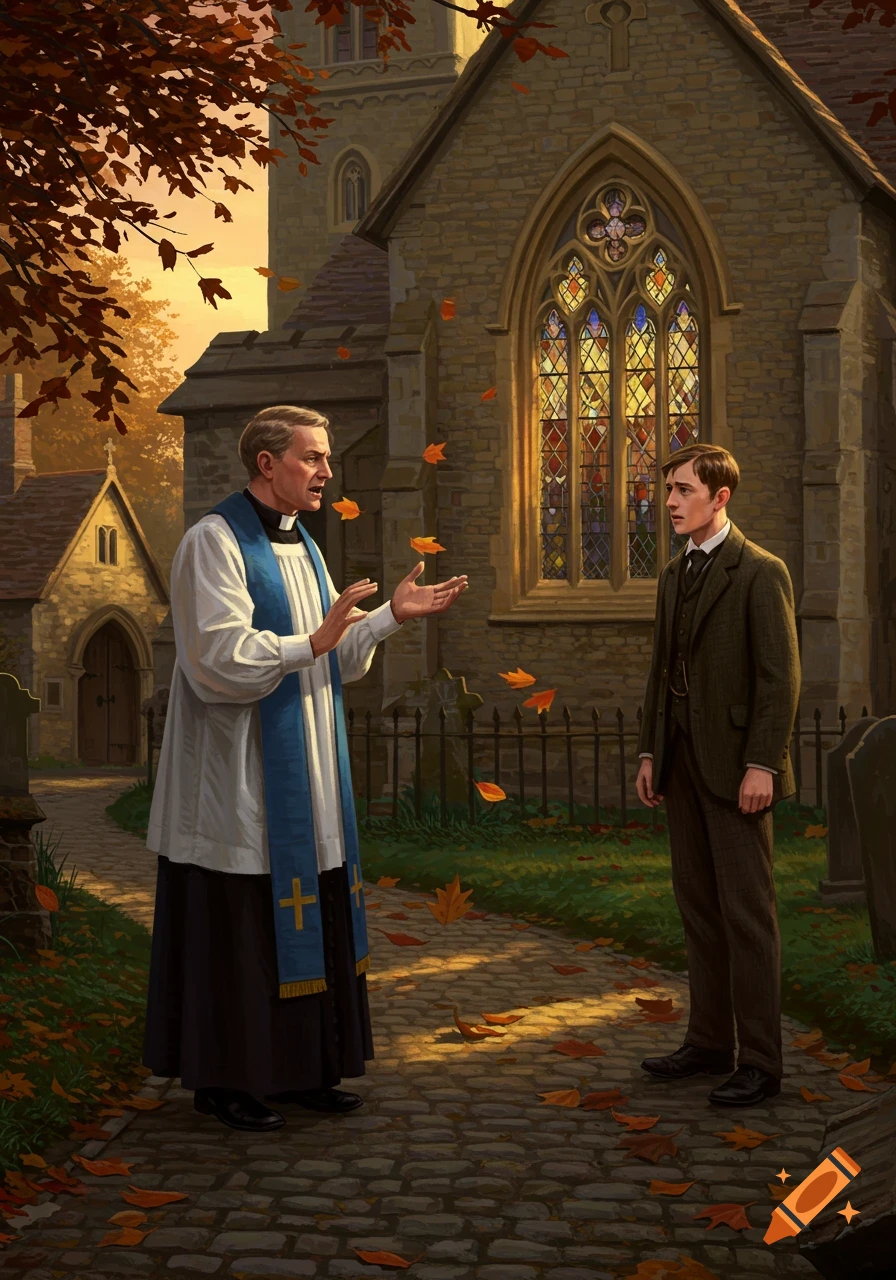 An Anglican priest scolds a man in a suit outside a stone church, surrounded by falling autumn leaves. Illustrative style.