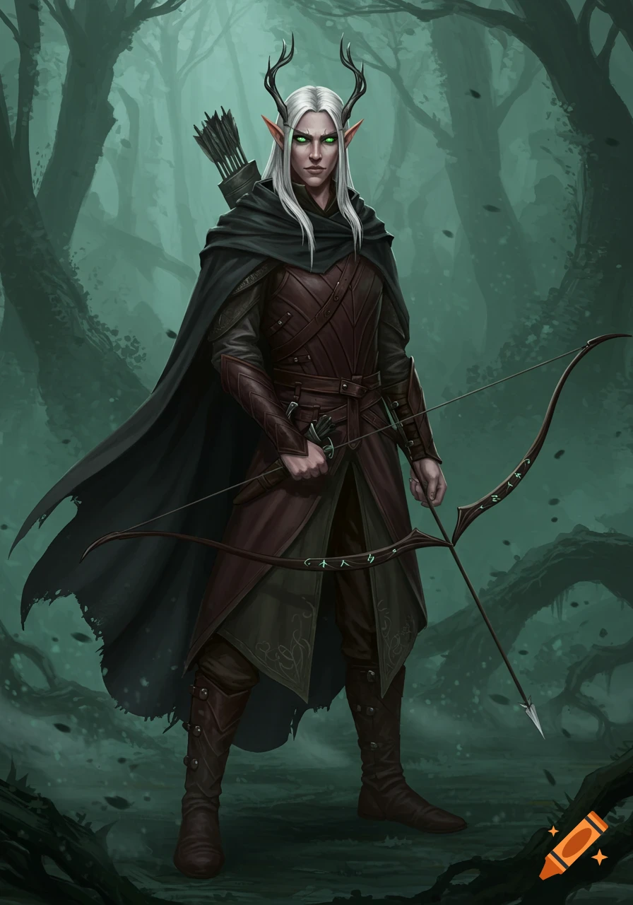 A white-haired elvish warrior with antlers, glowing green eyes, a dark cloak, leather armor, and a bow stands in a mystical forest.